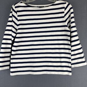 J.Crew mariner cloth cotton boat neck 3/4 sleeve navy and off white strip top S